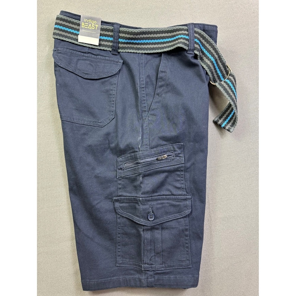 NWT Men's Indigo‎ Beast Cargo Short Navy Wash Belted flat front pockets Size 30